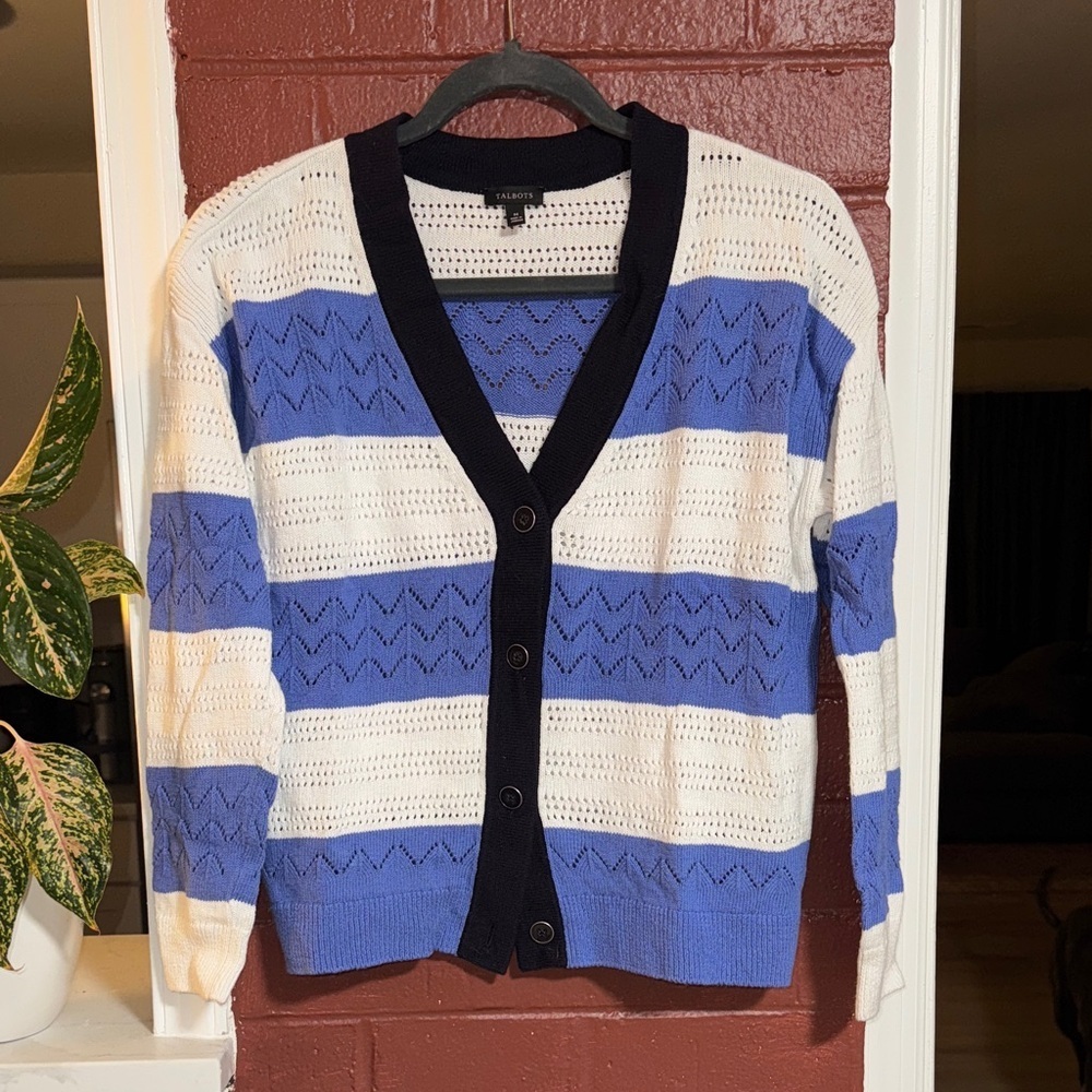 Talbots Blue and White Stripped Knit Cardigan Sweater Medium